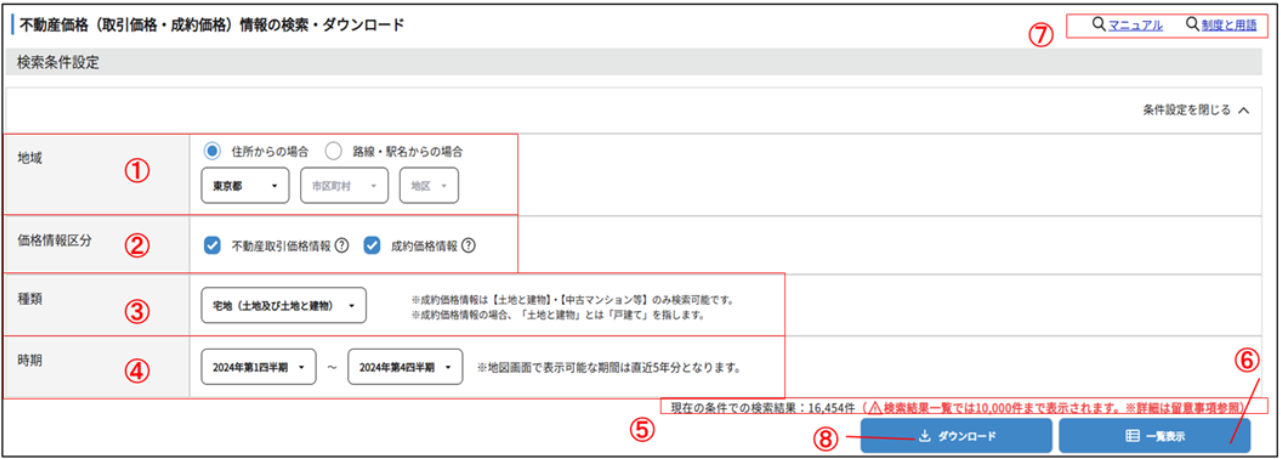 検索条件設定エリア